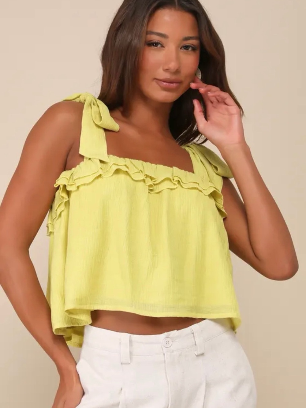 Lulu’s Perfect Babe Sleeveless Ruffle Tie-Shoulder Crop Top - Lime